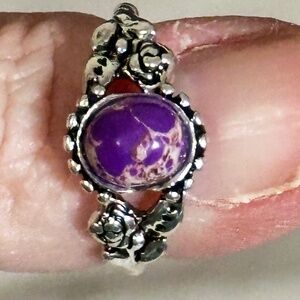 Silver Ring w/Oval Purple Dahlia or Purple Sea Sediment Jasper. Floral sides